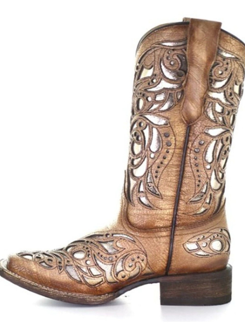 Coral Handcrafted Tan Leather Western Boots with Intricate Overlay Youth/Kids 3T - Picture 10 of 11